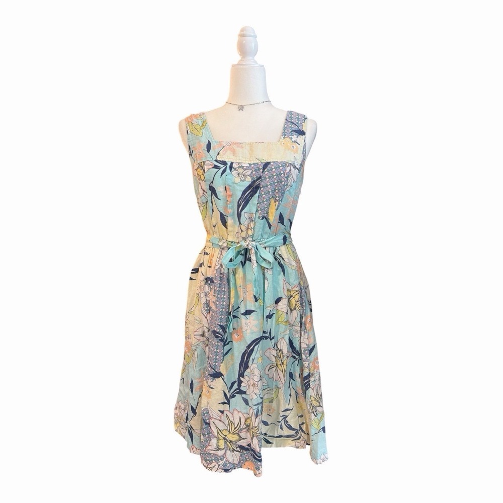 Malvin Hamburg Linen Floral Tie Waist Dress S Pastel Cottagecore‎ Coastal
